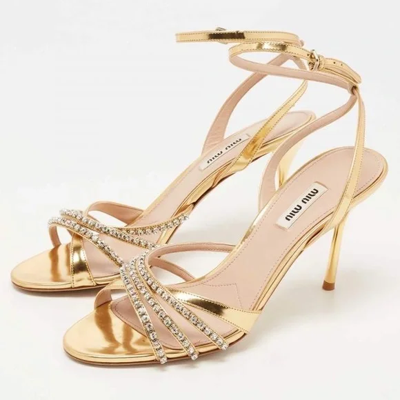 Pre-owned Miu Miu Gold Crystal Embellished Heels 38.5 - Picture 2 of 13